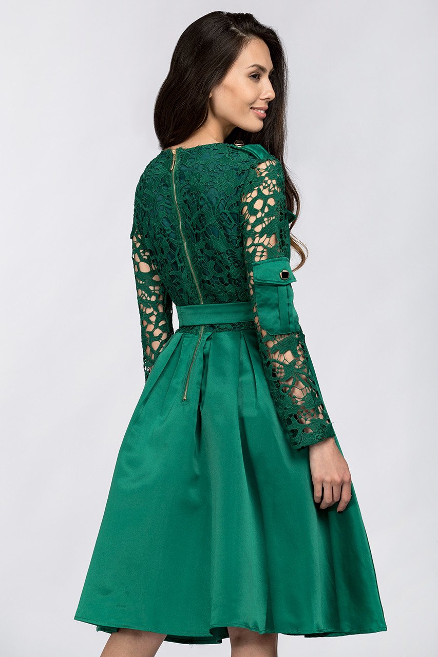 Emerald Green Sleeved Lace and Satin Midi Dress - ownthelooks-Development