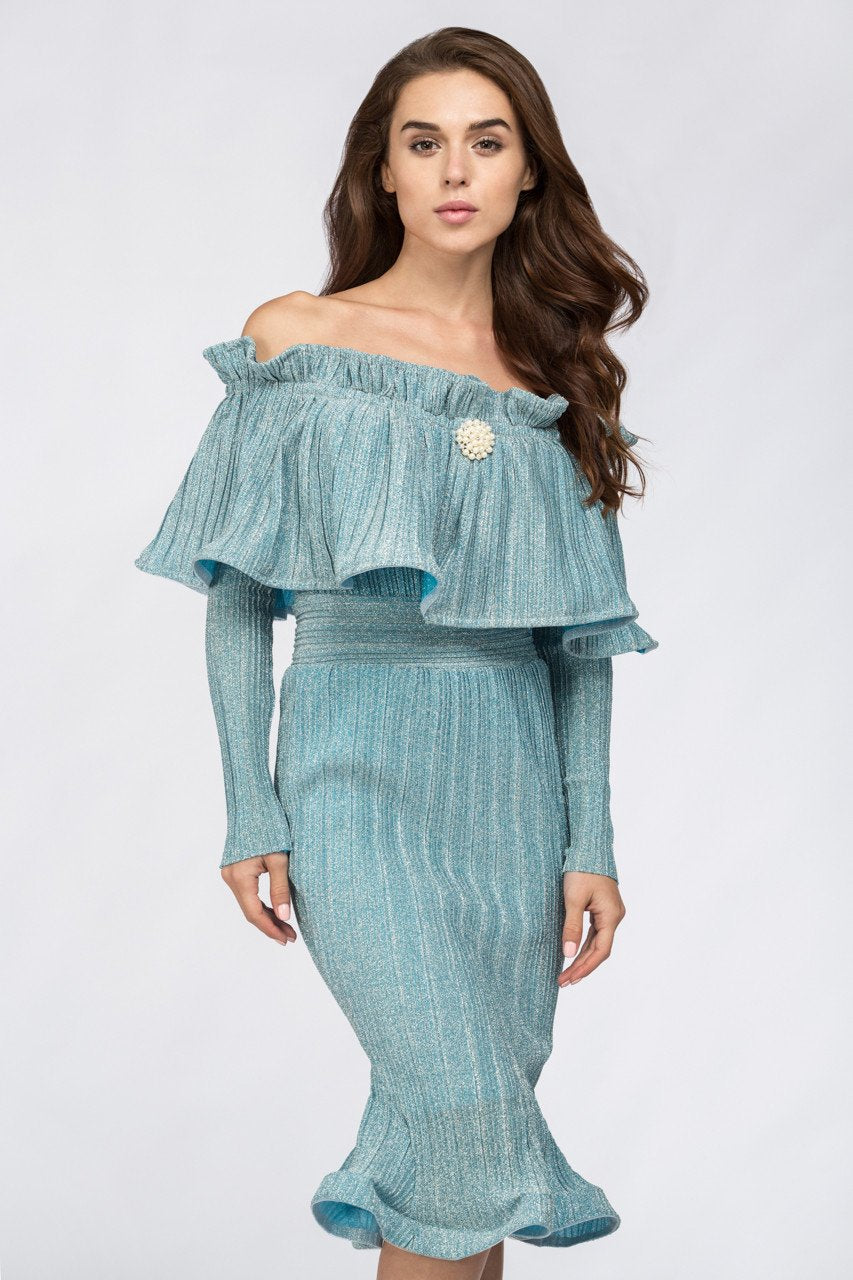 Fatima Almomen - Blue Frost Pleated Off The Shoulder Midi Dress - ownthelooks-Development