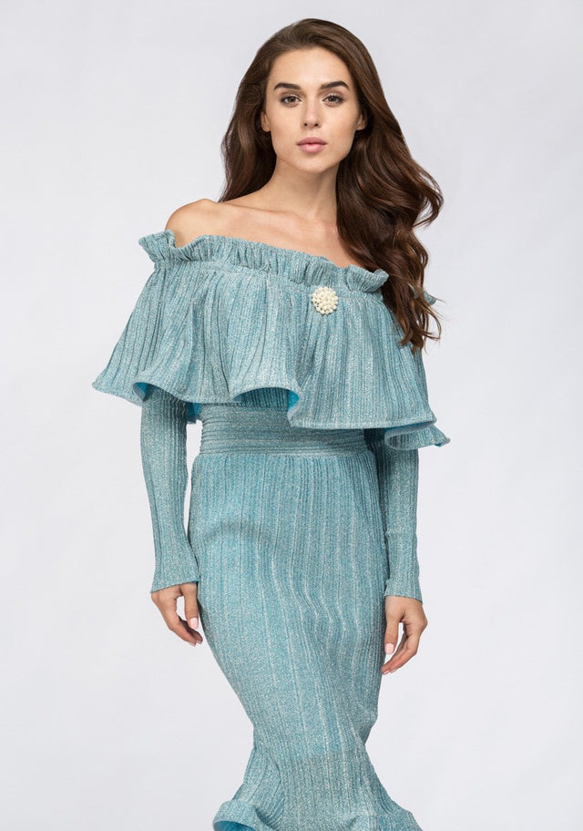 Fatima Almomen - Blue Frost Pleated Off The Shoulder Midi Dress - ownthelooks-Development