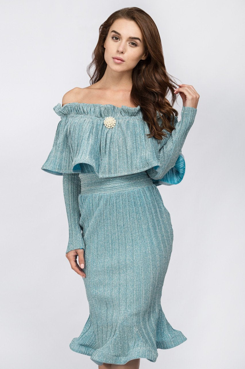 Fatima Almomen - Blue Frost Pleated Off The Shoulder Midi Dress - ownthelooks-Development