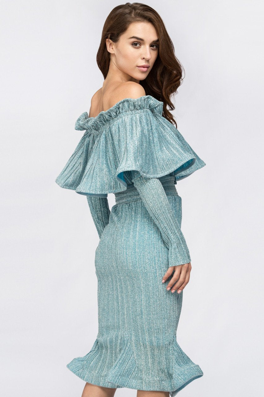 Fatima Almomen - Blue Frost Pleated Off The Shoulder Midi Dress - ownthelooks-Development