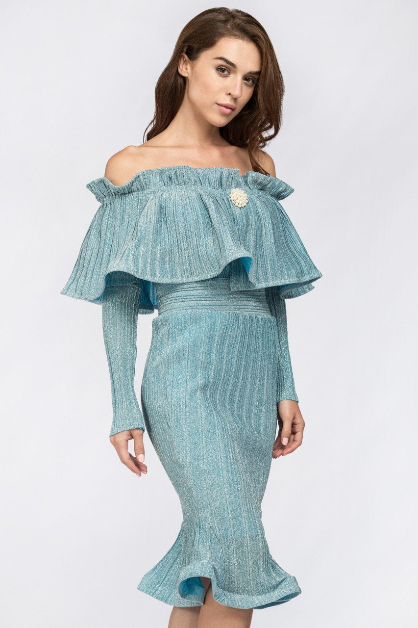 Fatima Almomen - Blue Frost Pleated Off The Shoulder Midi Dress - ownthelooks-Development