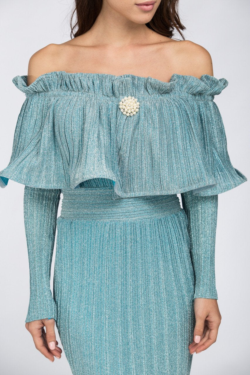 Fatima Almomen - Blue Frost Pleated Off The Shoulder Midi Dress - ownthelooks-Development