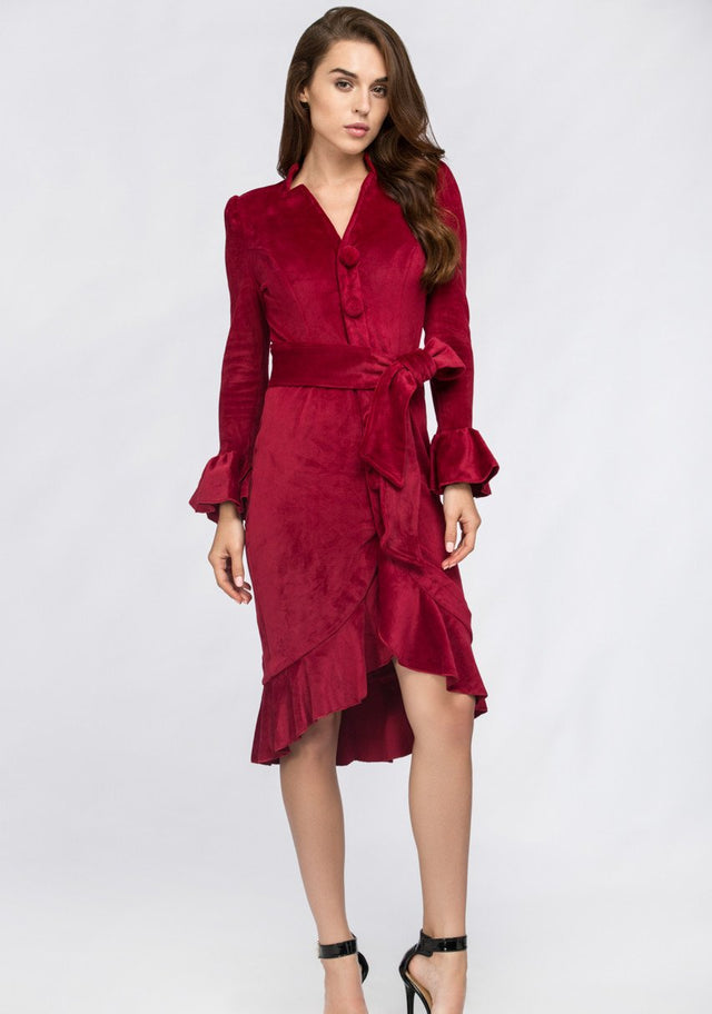 Red Velvet Bell Sleeve Summer Midi Dress - ownthelooks-Development