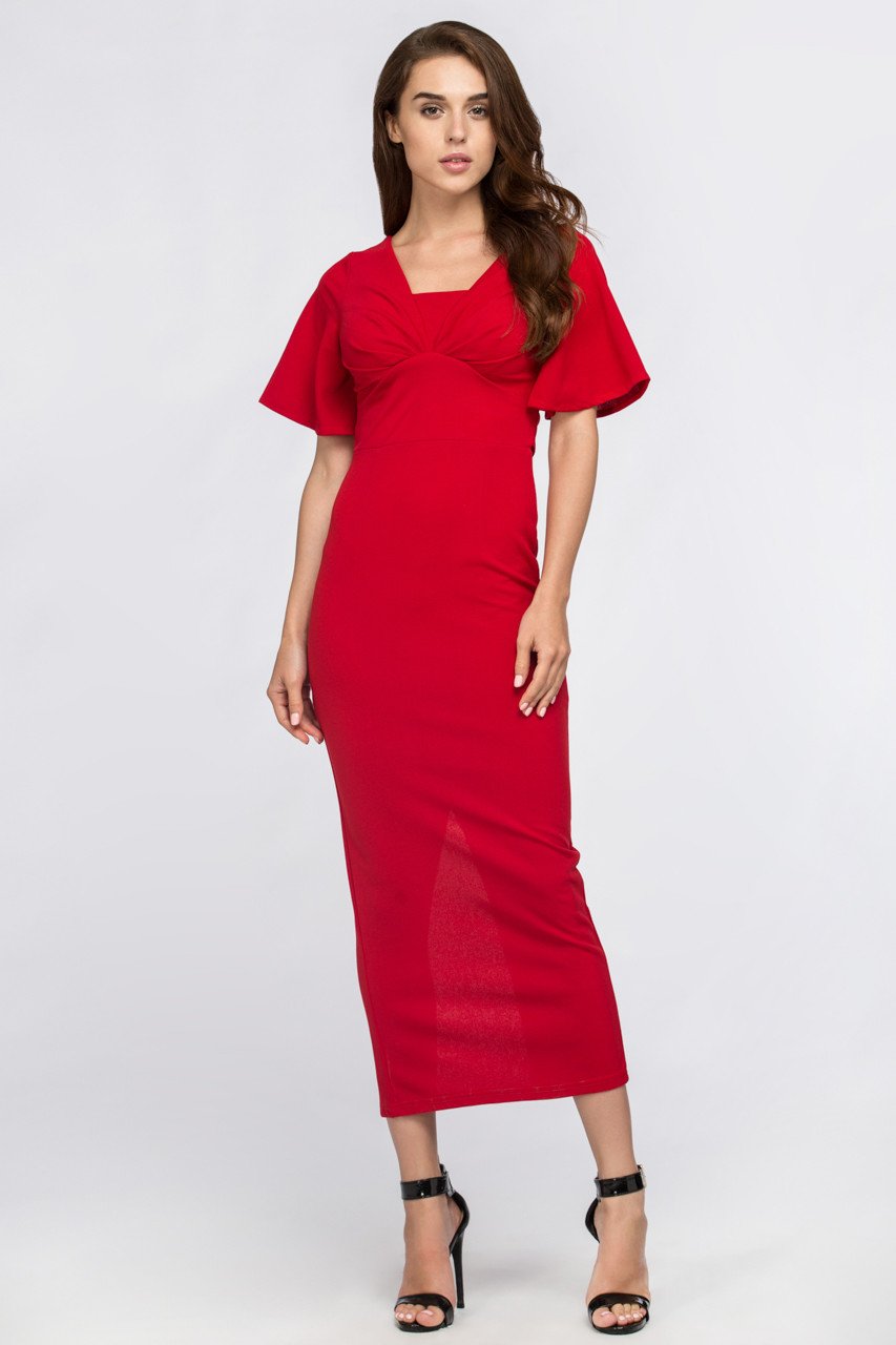 Red Butterfly Sleeve Column Maxi Dress - ownthelooks-Development