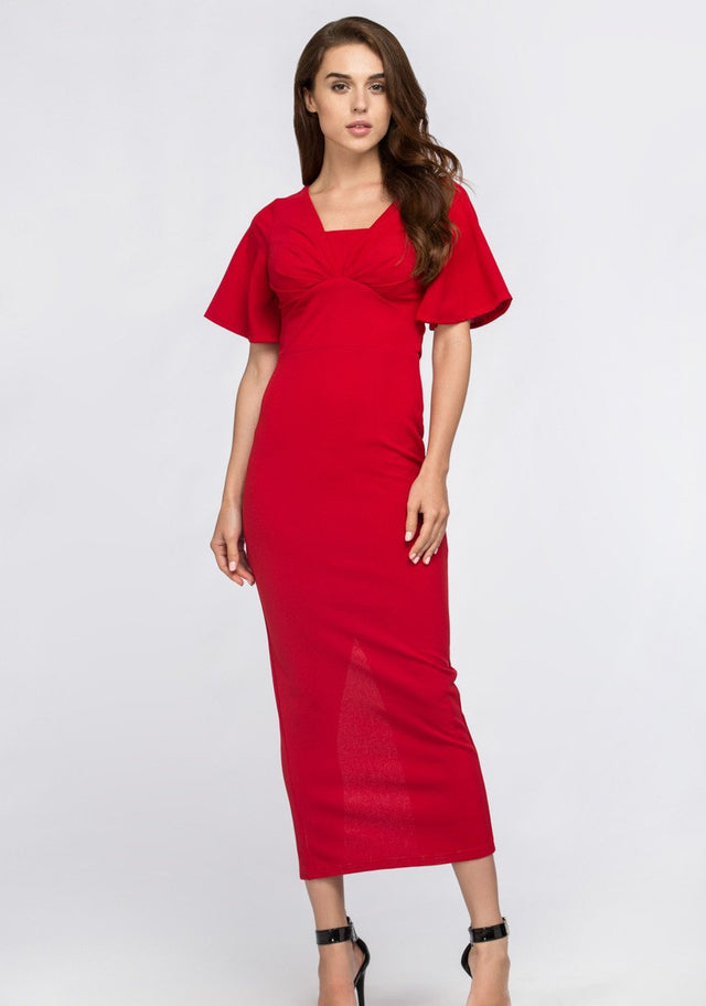 Red Butterfly Sleeve Column Maxi Dress - ownthelooks-Development