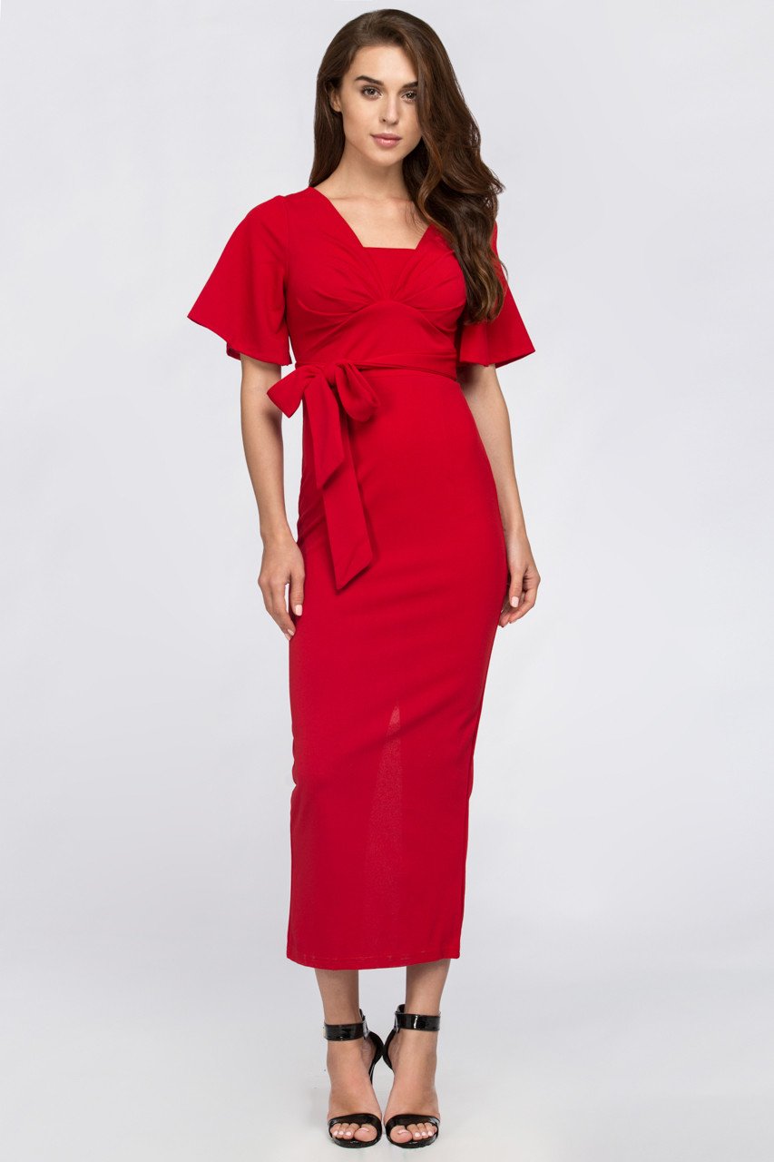Red Butterfly Sleeve Column Maxi Dress - ownthelooks-Development