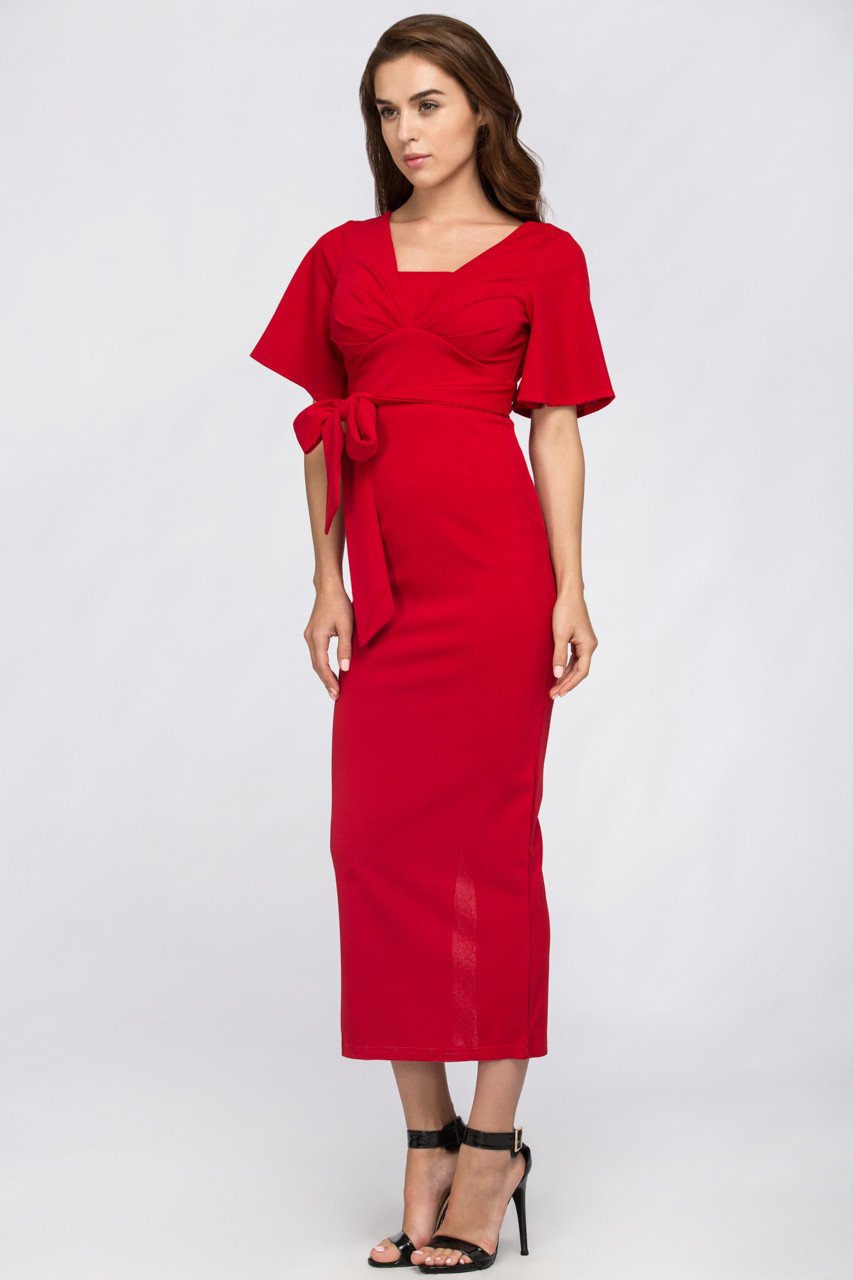 Red Butterfly Sleeve Column Maxi Dress - ownthelooks-Development