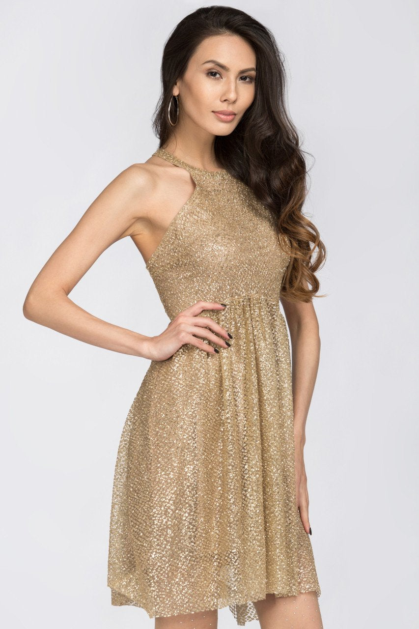 Gold Glitter Halter Midi Dress - ownthelooks-Development