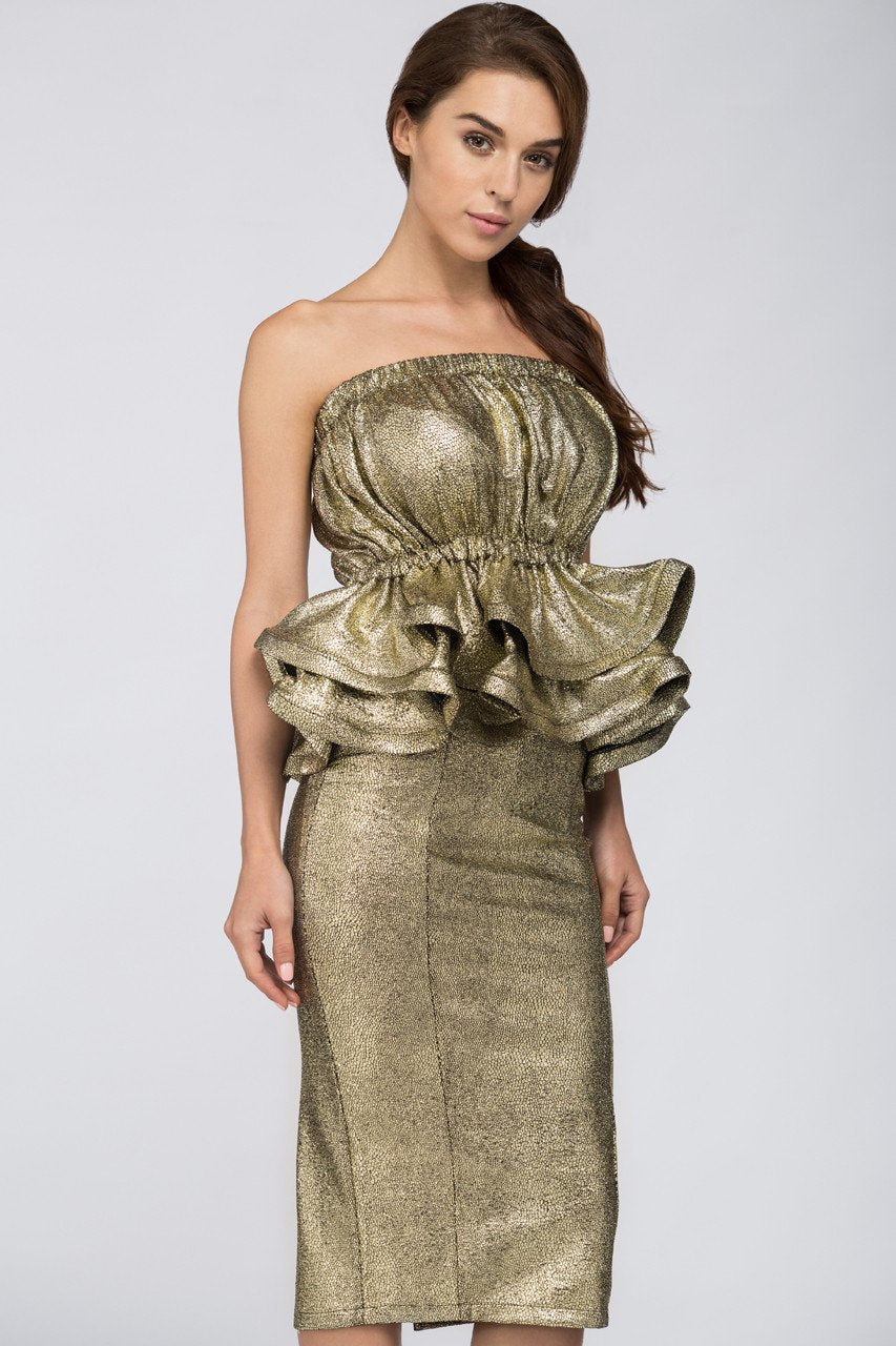 Deema Al Asadi - Gold Strapless Peplum Two-piece Midi Dress - ownthelooks-Development