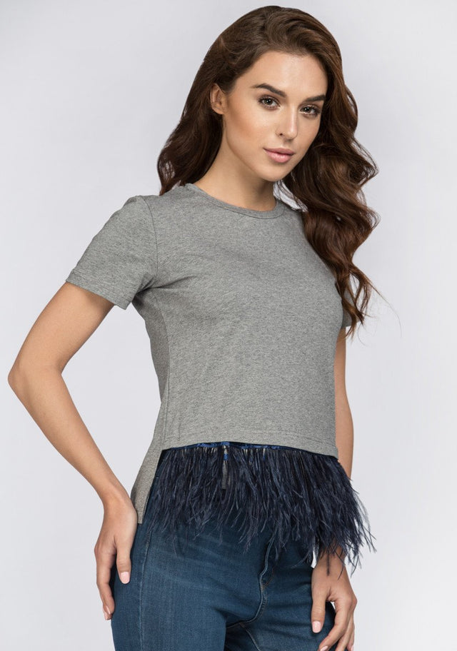 Grey Feather Detail Peplum Top - ownthelooks-Development