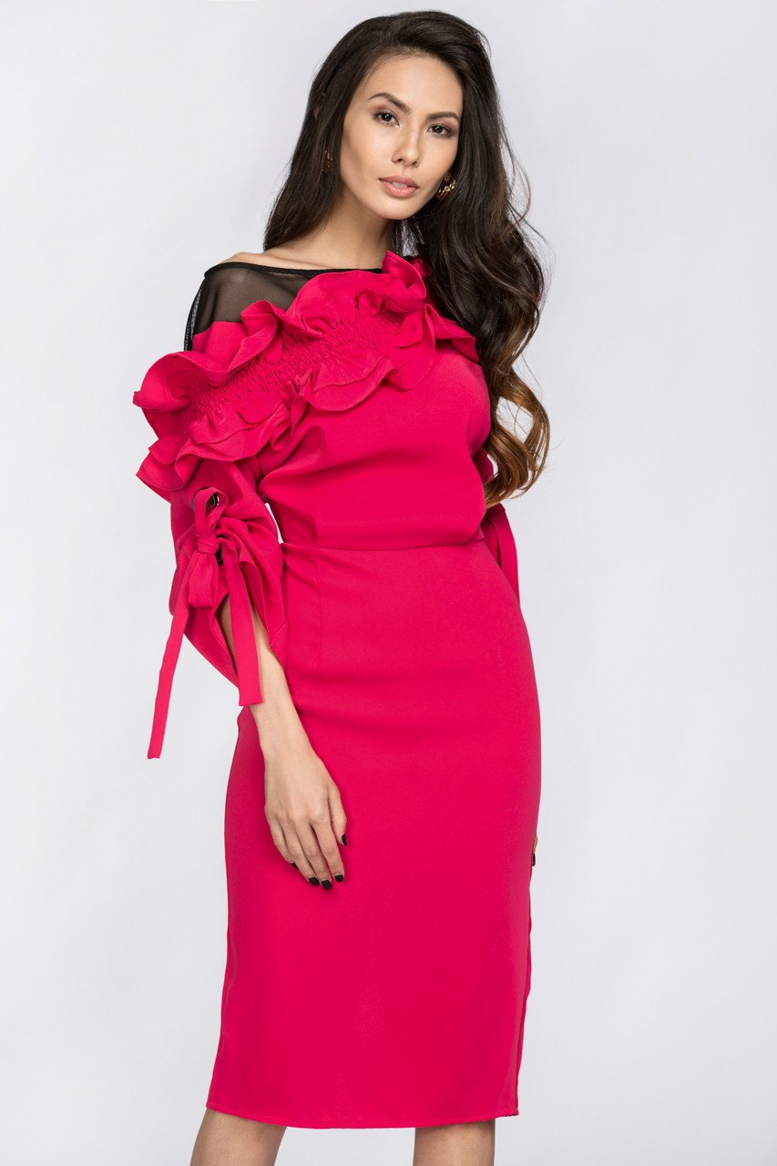 Deema Al Asadi - Pink Ruffled Puff Sleeve Midi Dress - ownthelooks-Development