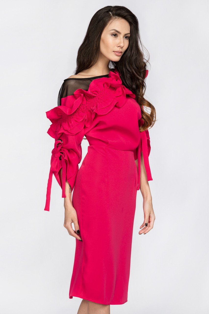 Deema Al Asadi - Pink Ruffled Puff Sleeve Midi Dress - ownthelooks-Development