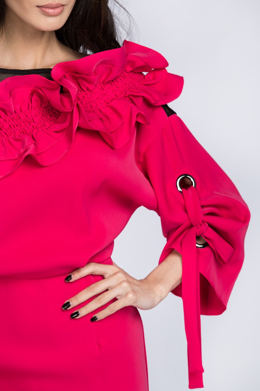 Deema Al Asadi - Pink Ruffled Puff Sleeve Midi Dress - ownthelooks-Development