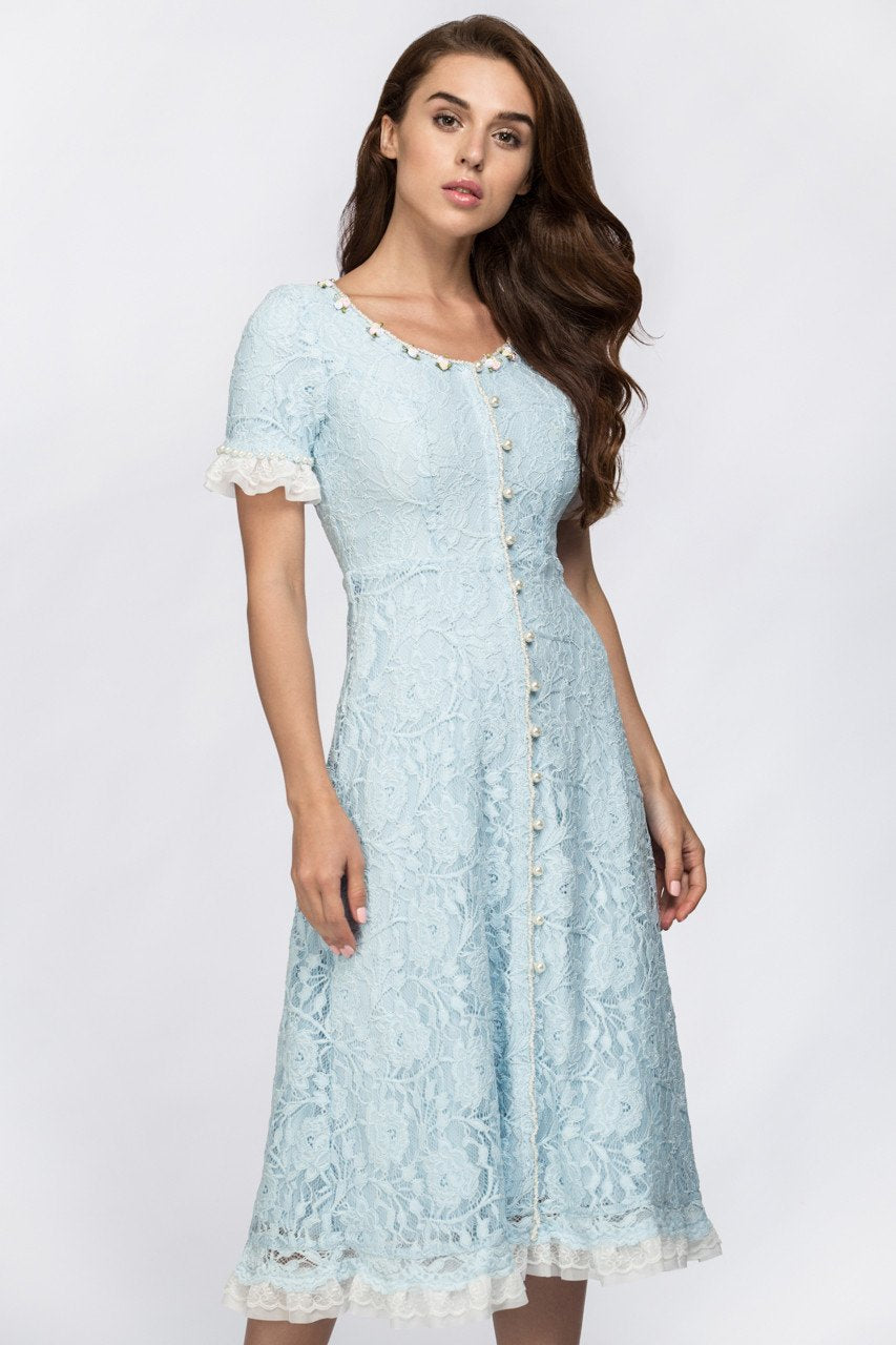 Enchanted Blue Embroidered Princess Midi Dress - ownthelooks-Development