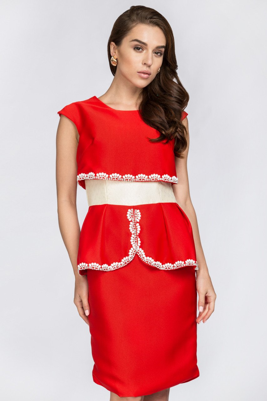 Red Crop Top Illusion White Jewel Trim Peplum Midi Dress - ownthelooks-Development