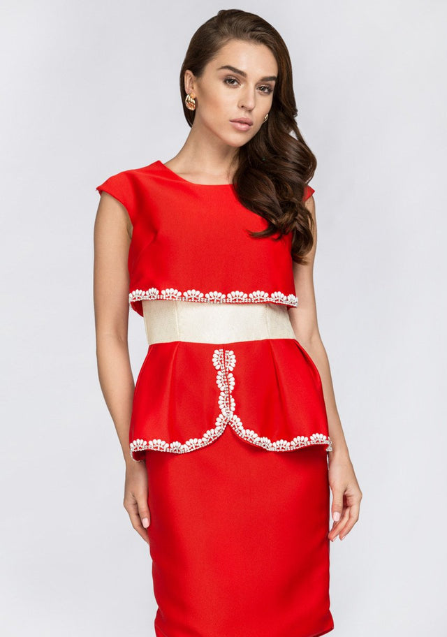 Red Crop Top Illusion White Jewel Trim Peplum Midi Dress - ownthelooks-Development