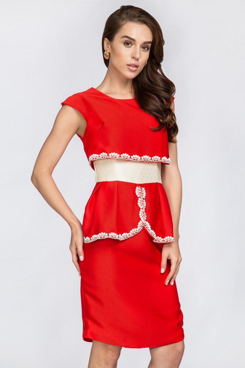 Red Crop Top Illusion White Jewel Trim Peplum Midi Dress - ownthelooks-Development
