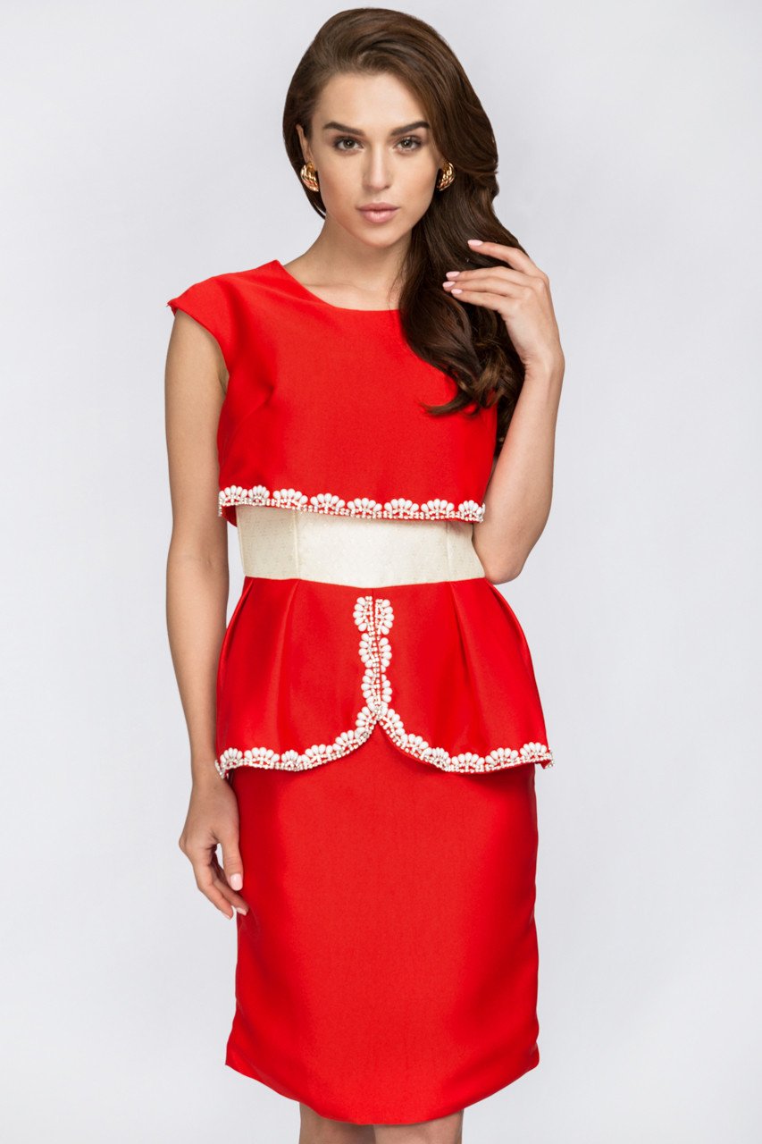 Red Crop Top Illusion White Jewel Trim Peplum Midi Dress - ownthelooks-Development