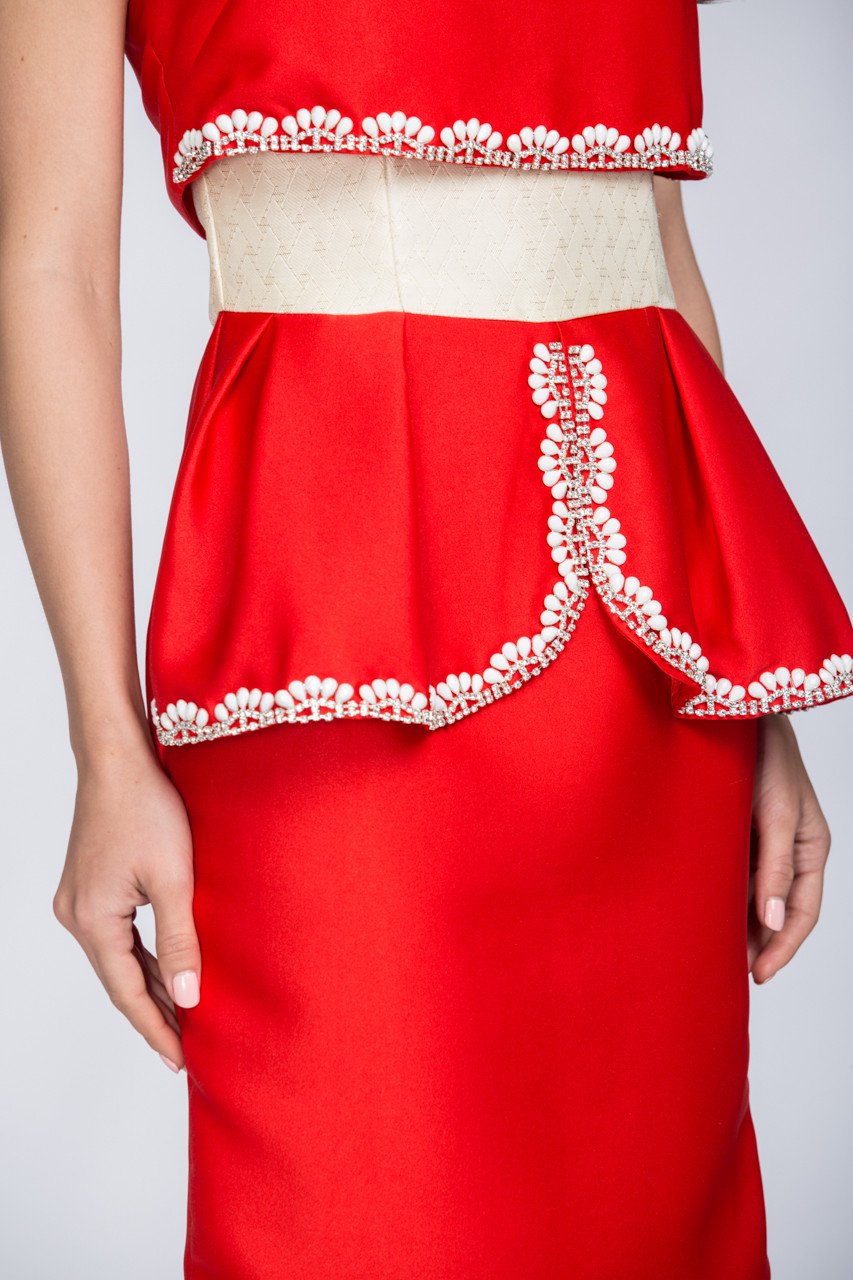Red Crop Top Illusion White Jewel Trim Peplum Midi Dress - ownthelooks-Development