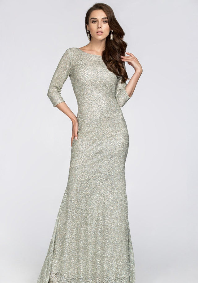 Silver Embellished Sleeved Sheath Gown - ownthelooks-Development