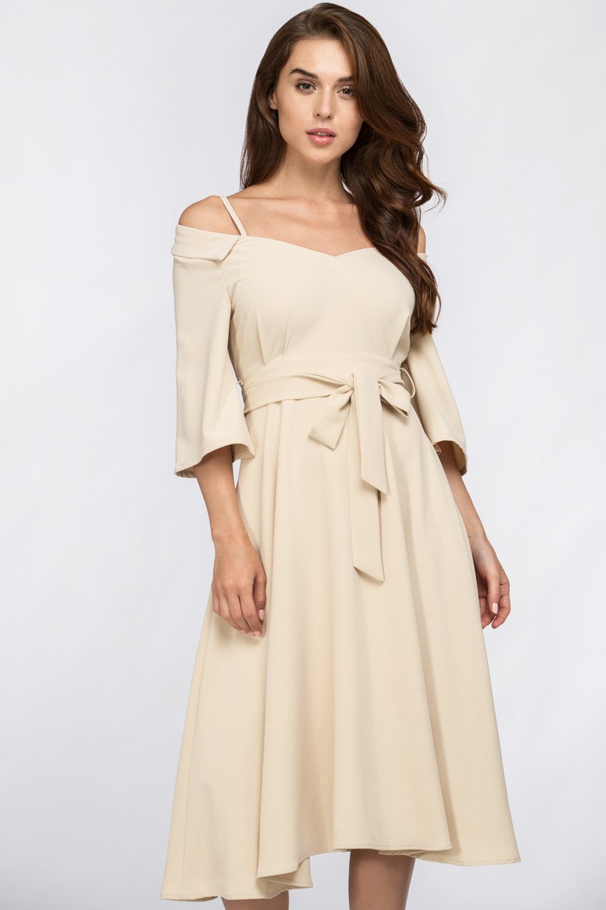 Cream Off Shoulder Chelsea Collar Midi Dress - ownthelooks-Development