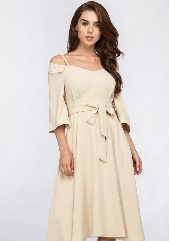Cream Off Shoulder Chelsea Collar Midi Dress - ownthelooks-Development