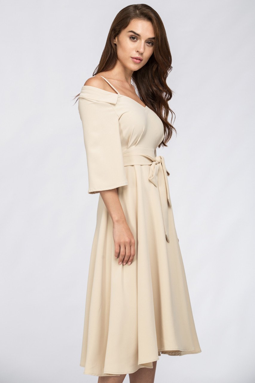Cream Off Shoulder Chelsea Collar Midi Dress - ownthelooks-Development