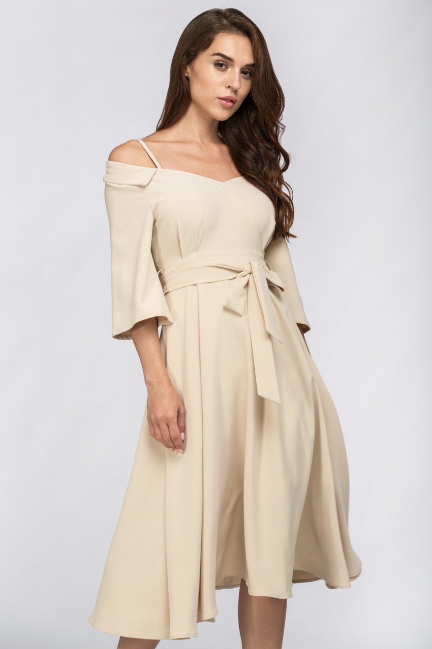 Cream Off Shoulder Chelsea Collar Midi Dress - ownthelooks-Development