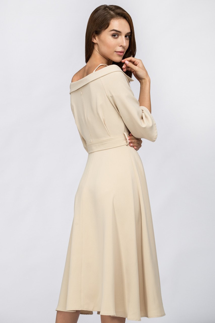 Cream Off Shoulder Chelsea Collar Midi Dress - ownthelooks-Development