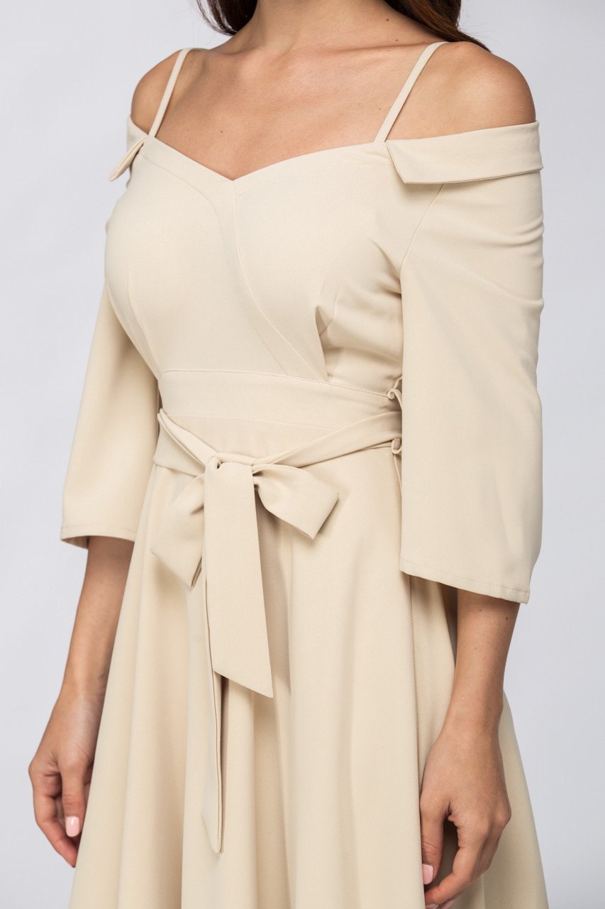 Cream Off Shoulder Chelsea Collar Midi Dress - ownthelooks-Development