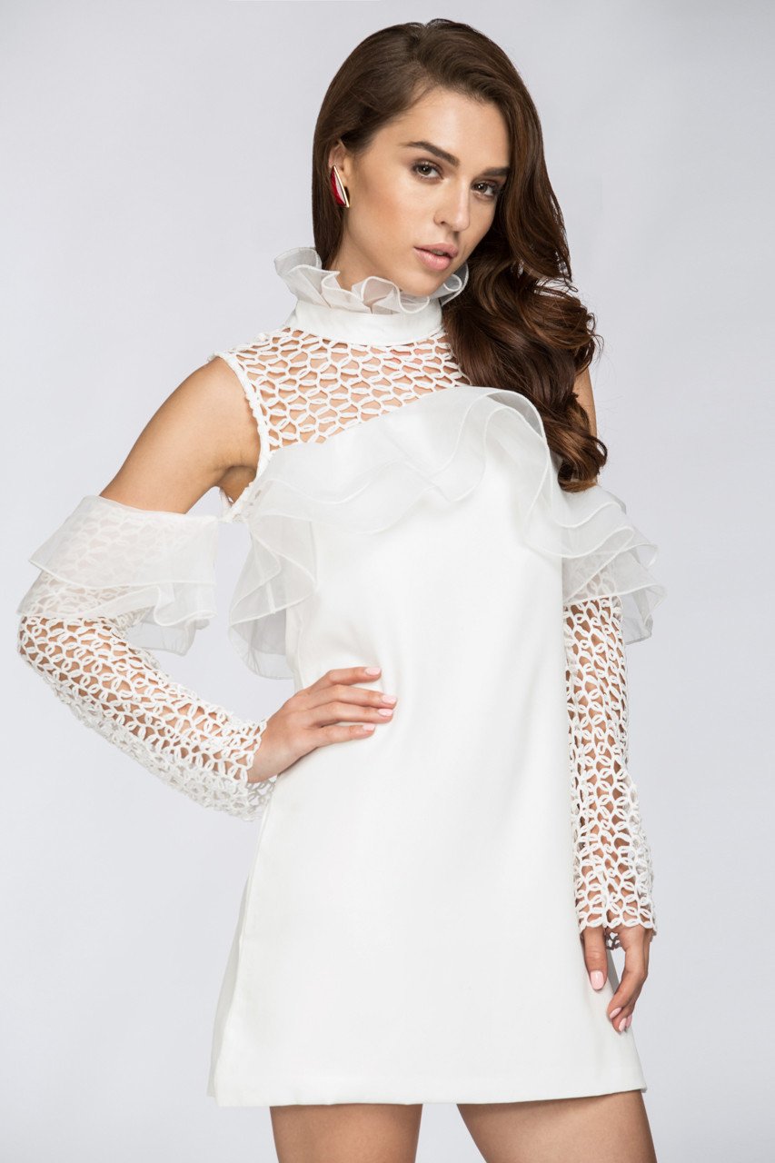 White Lace Yoke Ruffle Off the Shoulder Mini Dress - ownthelooks-Development