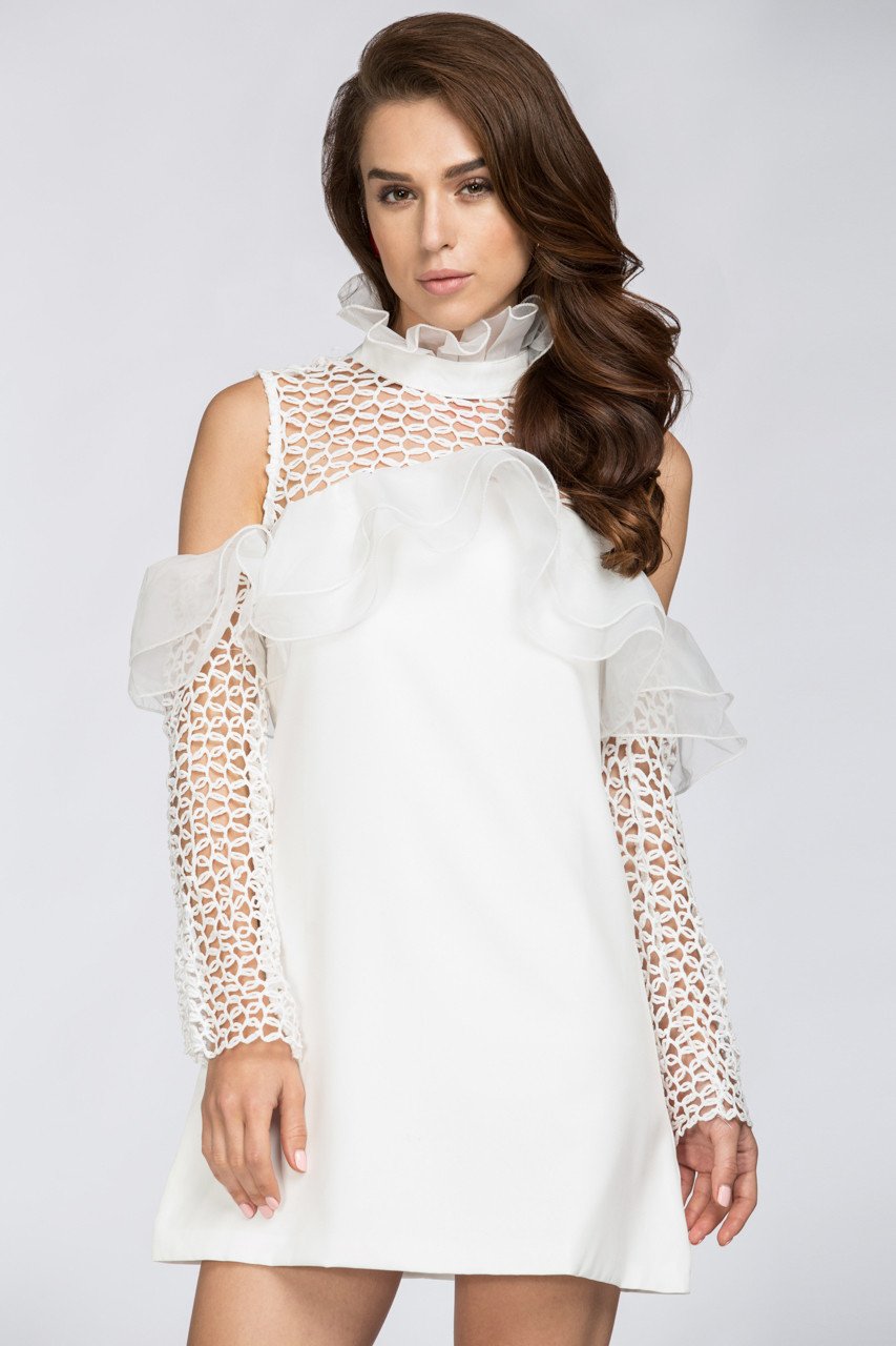 White Lace Yoke Ruffle Off the Shoulder Mini Dress - ownthelooks-Development