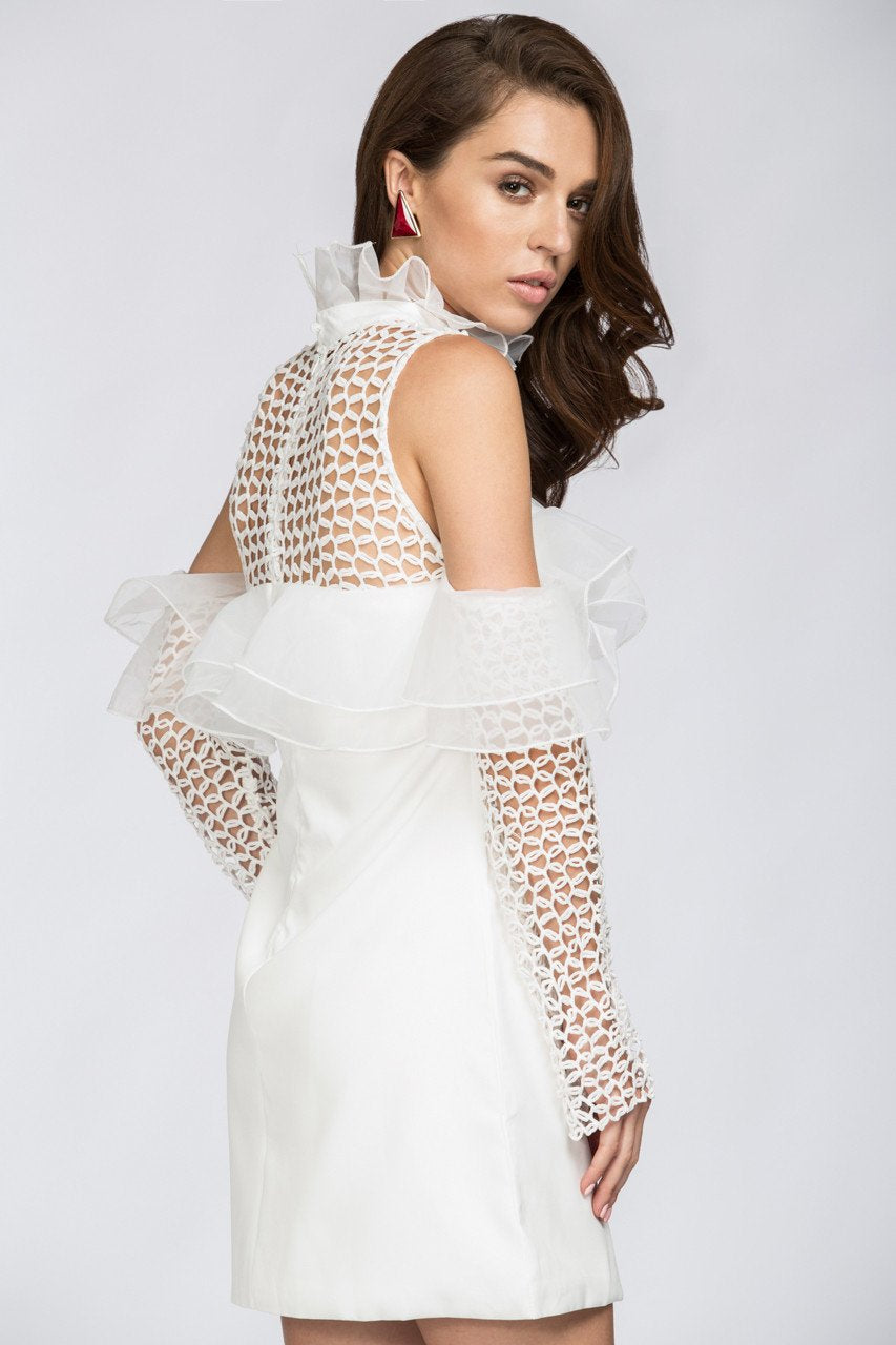 White Lace Yoke Ruffle Off the Shoulder Mini Dress - ownthelooks-Development