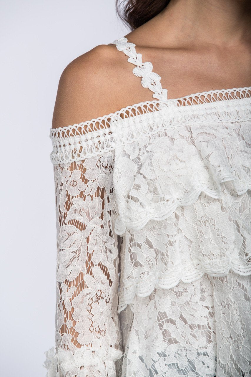 White Tiered Lace Off the Shoulder Top - ownthelooks-Development