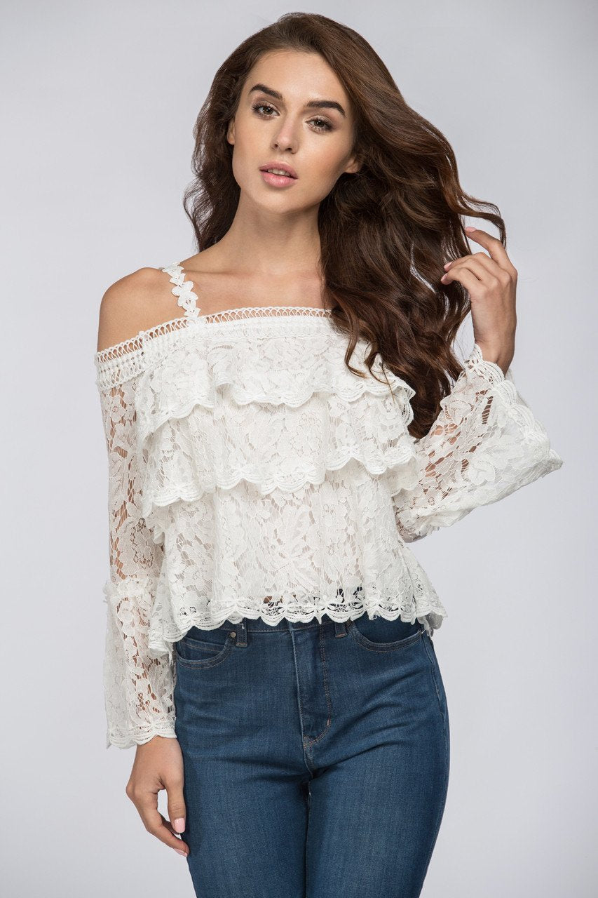 White Tiered Lace Off the Shoulder Top - ownthelooks-Development
