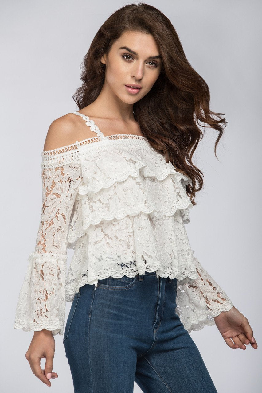 White Tiered Lace Off the Shoulder Top - ownthelooks-Development