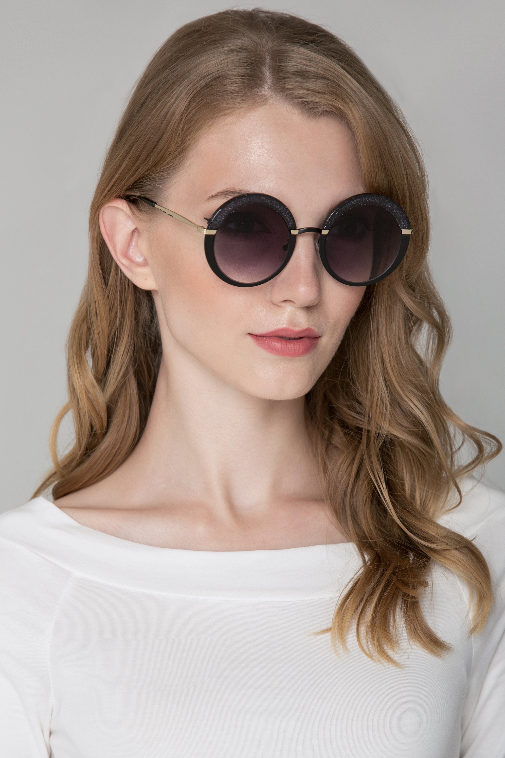 Black Glitter Top Rim Round Sunglasses - ownthelooks-Development