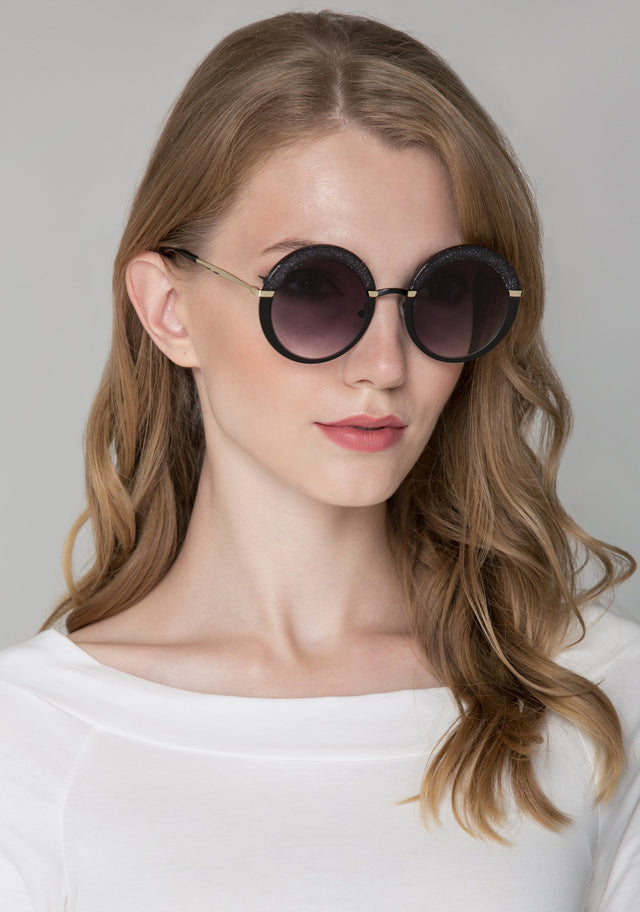Black Glitter Top Rim Round Sunglasses - ownthelooks-Development