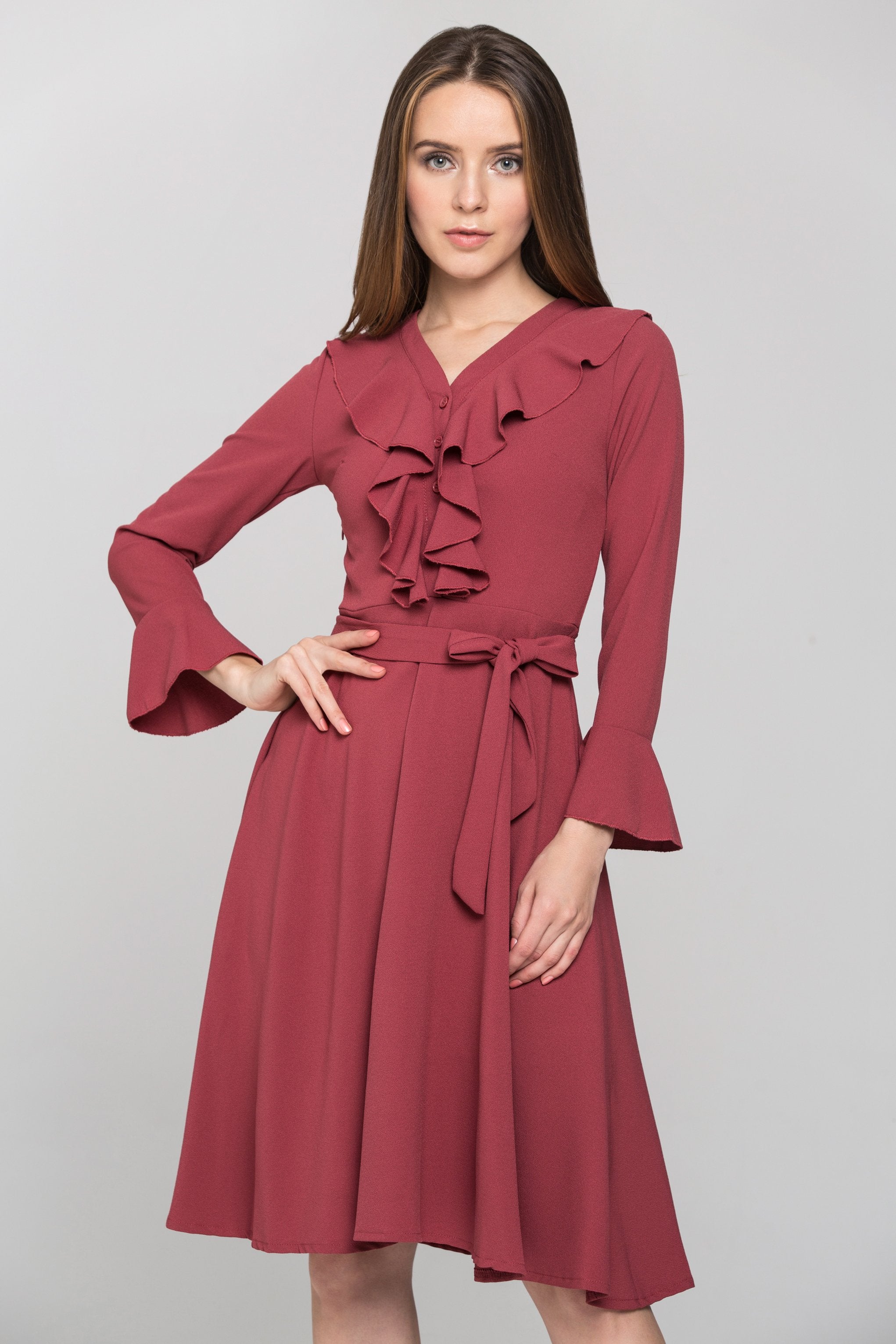 Brick Red Ruffled Gabot Midi Dress - ownthelooks-Development