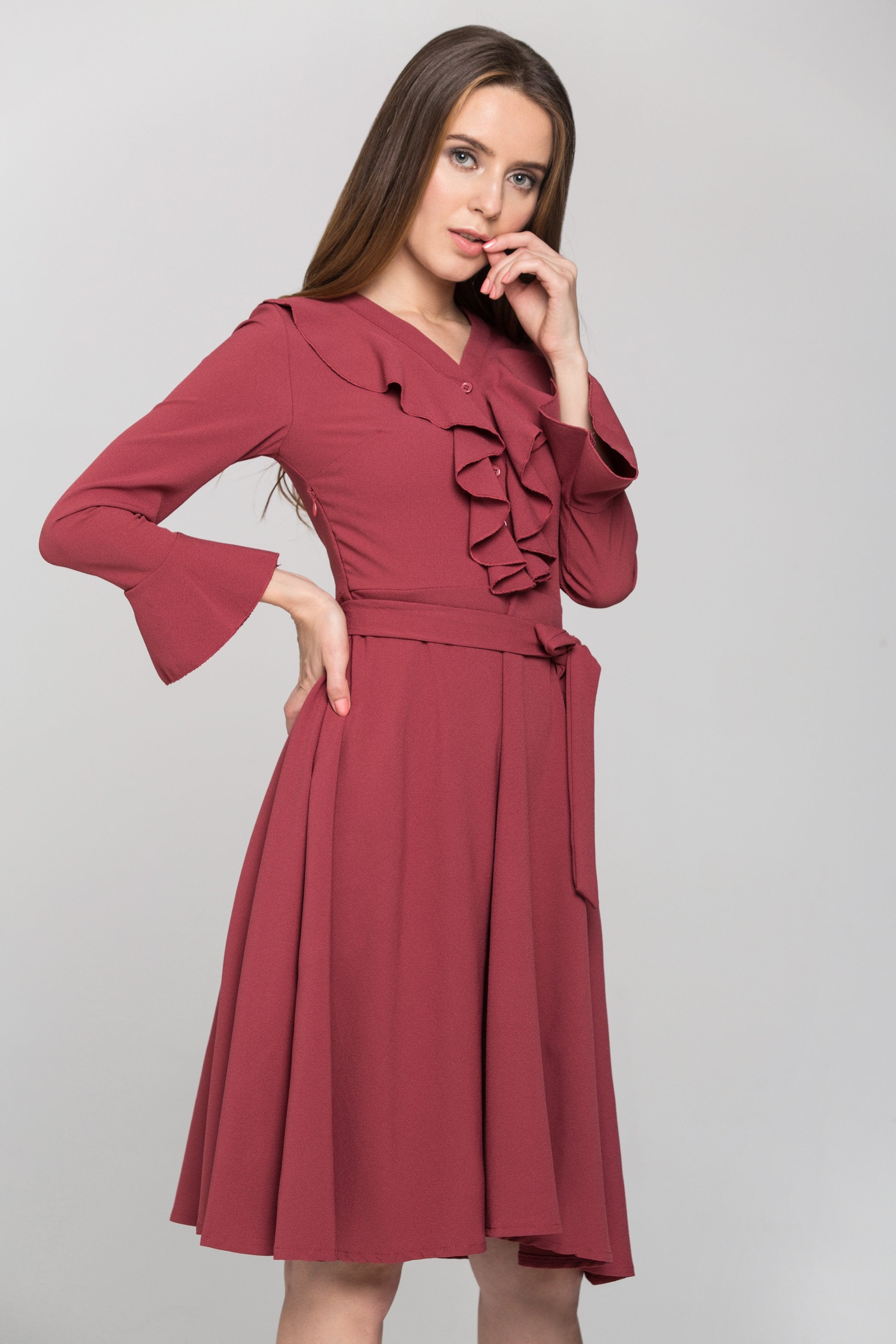 Brick Red Ruffled Gabot Midi Dress - ownthelooks-Development