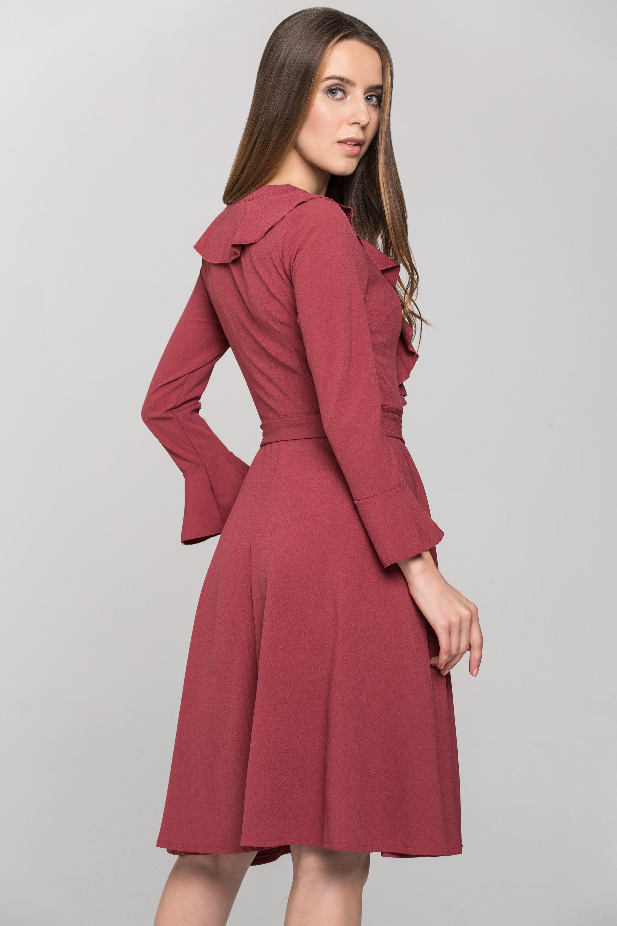 Brick Red Ruffled Gabot Midi Dress - ownthelooks-Development