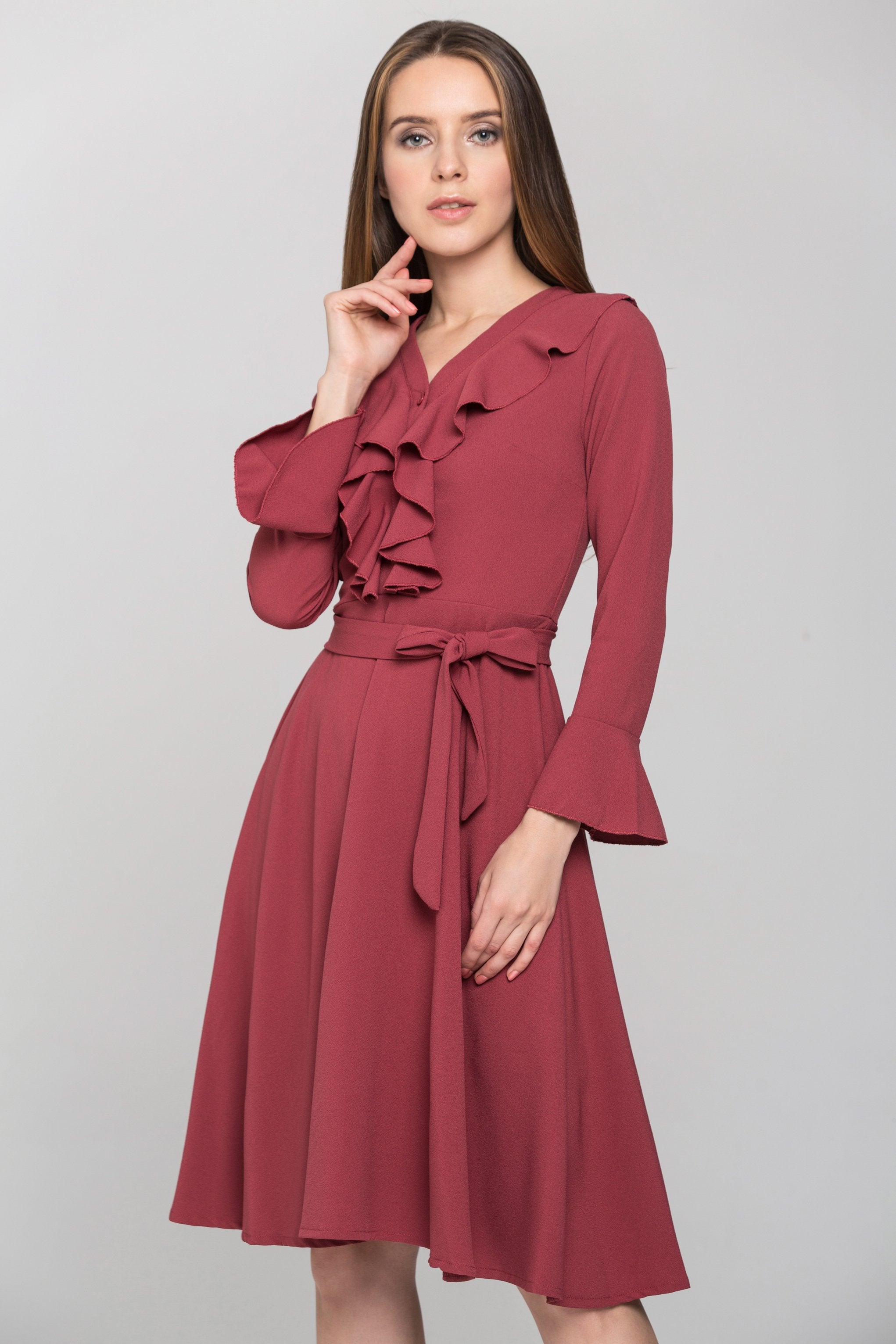 Brick Red Ruffled Gabot Midi Dress - ownthelooks-Development