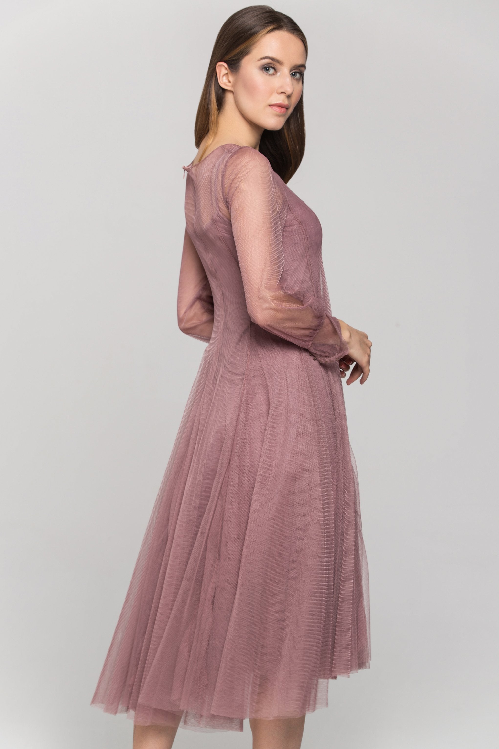 Nude Sheer Soft Tulle Layered Midi Dress - ownthelooks-Development