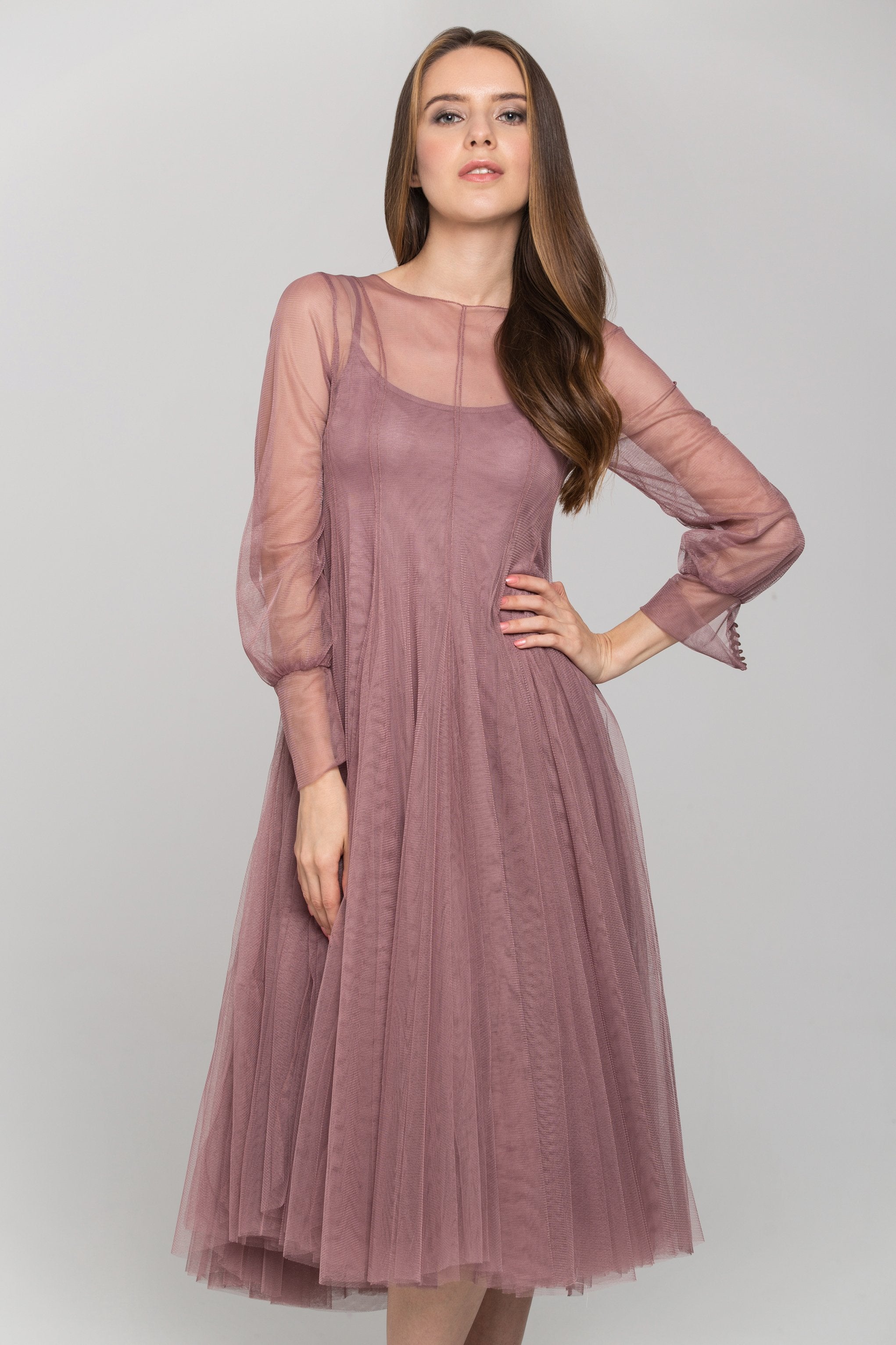 Nude Sheer Soft Tulle Layered Midi Dress - ownthelooks-Development