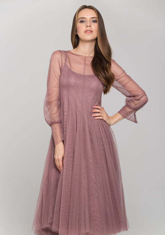 Nude Sheer Soft Tulle Layered Midi Dress - ownthelooks-Development