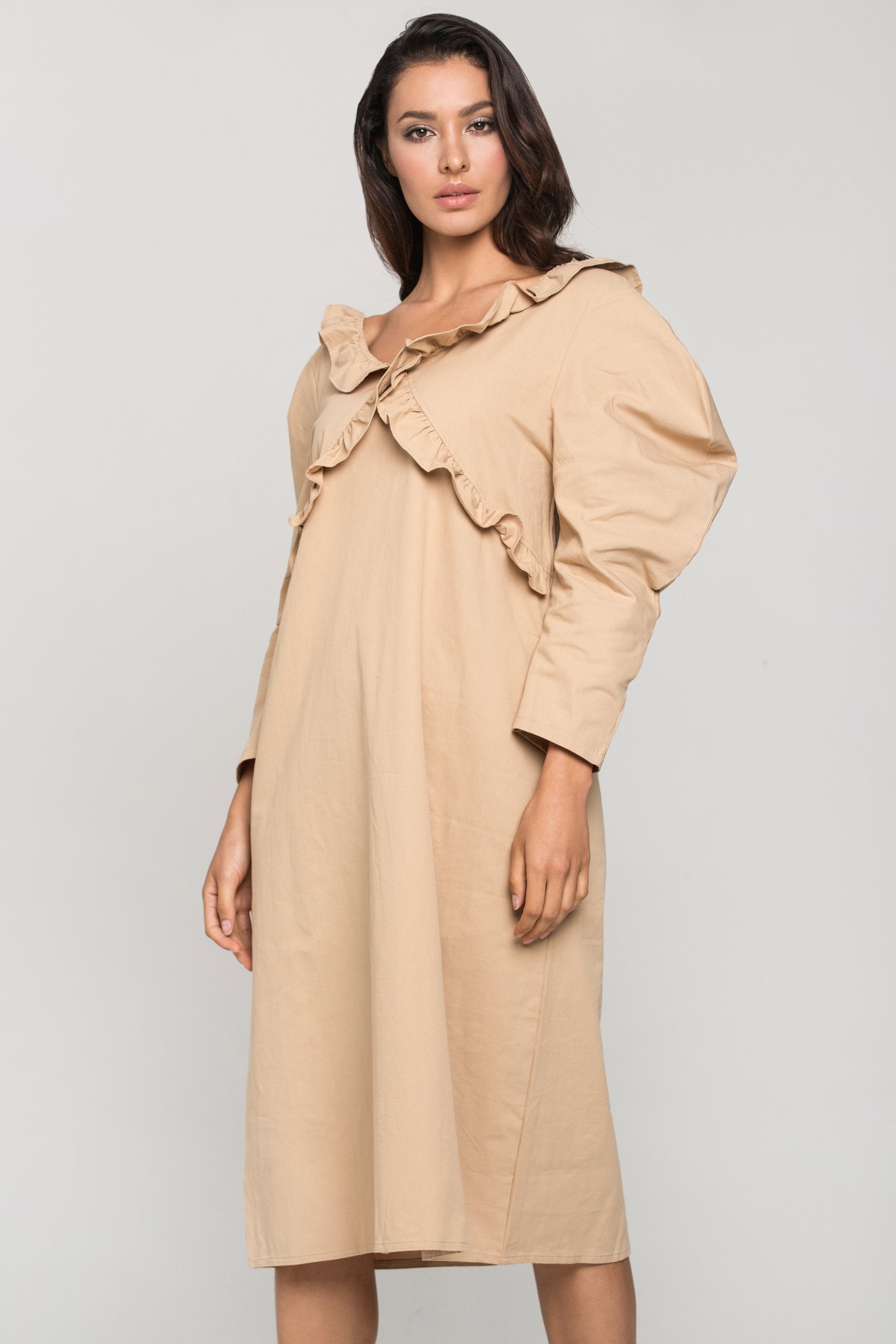 Nude Puff Sleeves Vintage Midi Dress - ownthelooks-Development