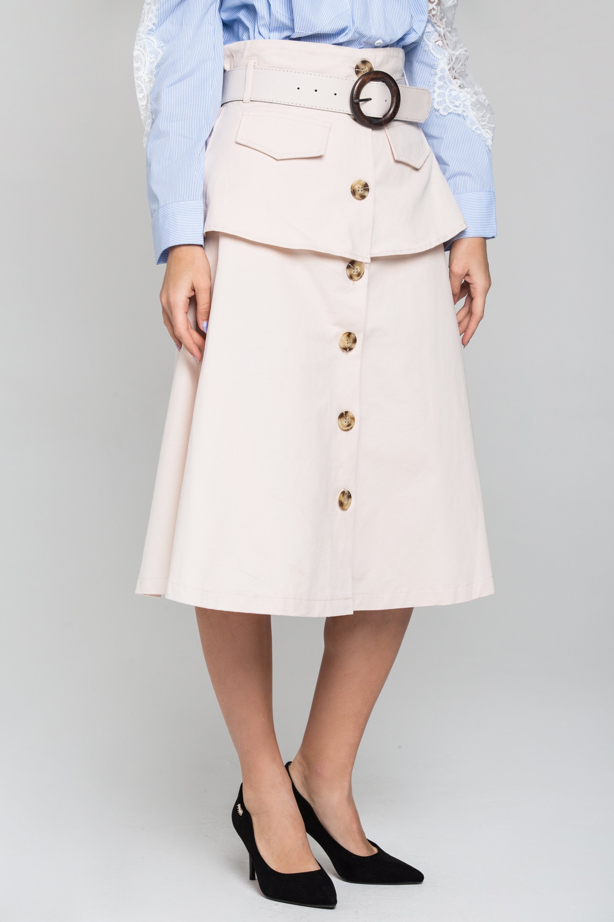 Peach Front Button Belted Skirt - ownthelooks-Development