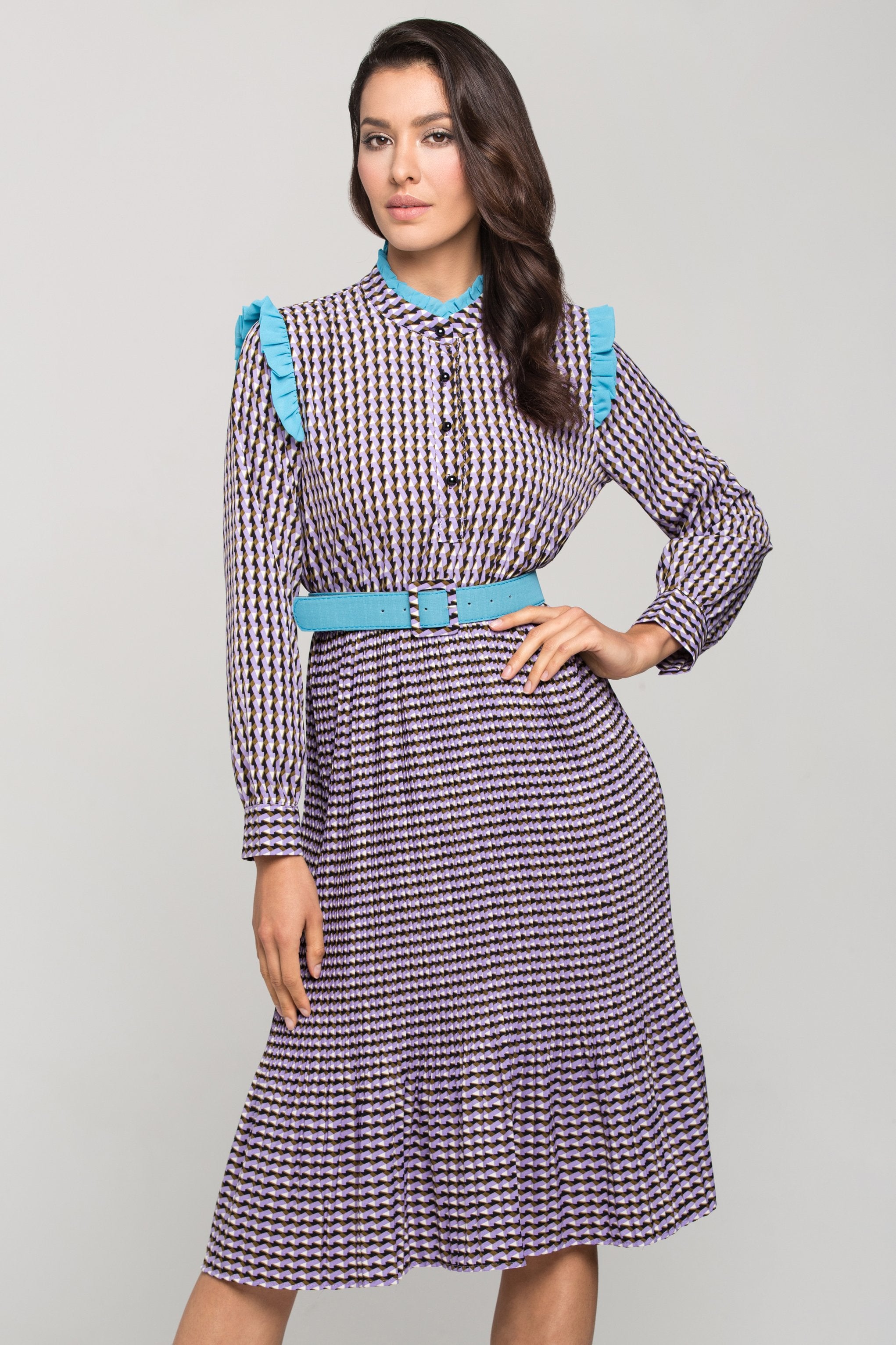 Purple Print Vintage Pleated Midi Dress - ownthelooks-Development