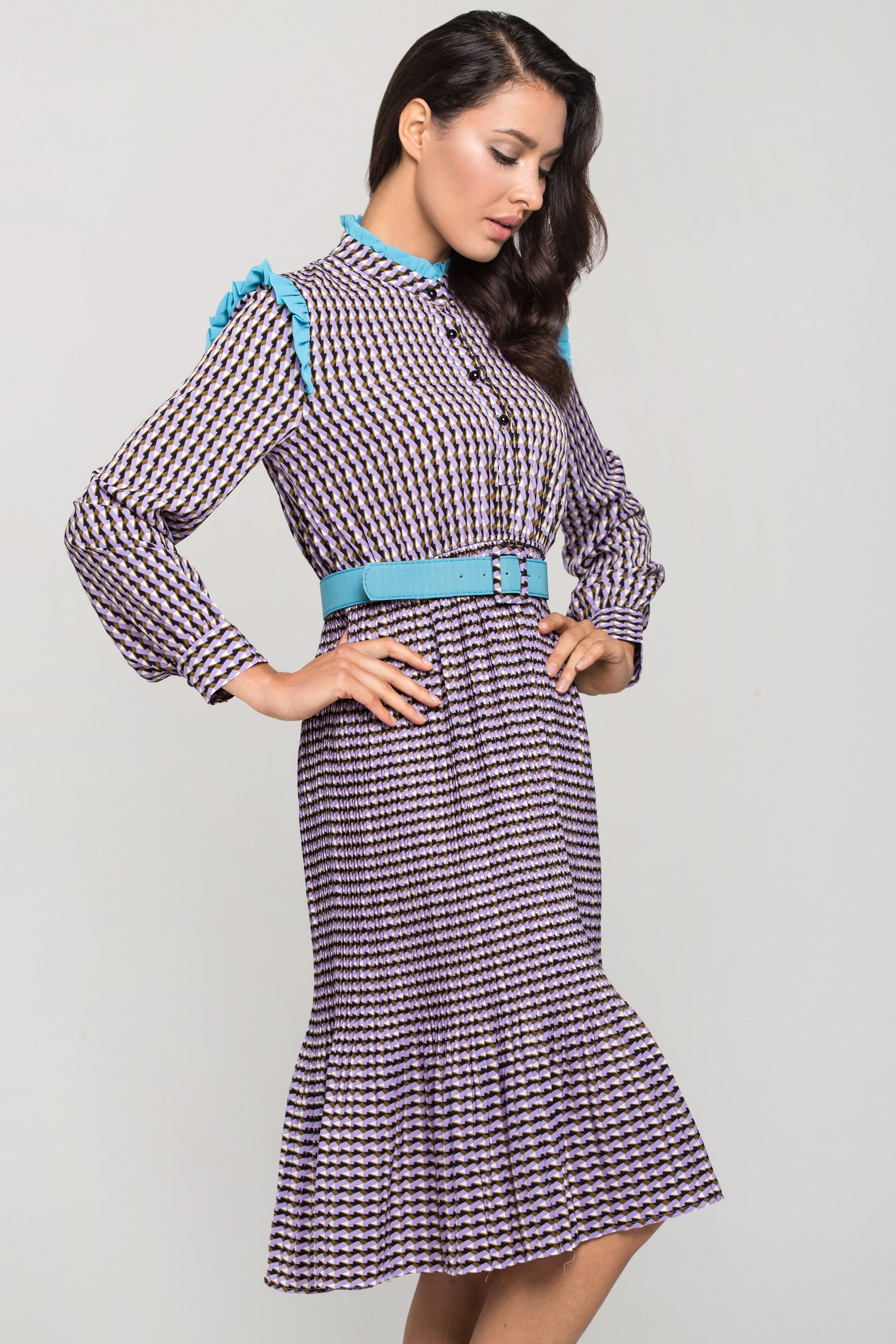 Purple Print Vintage Pleated Midi Dress - ownthelooks-Development